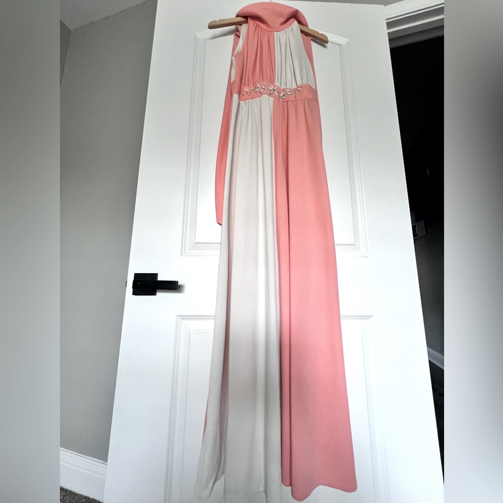 Vintage two-tone peach maxi, 70s dress cocktail evening dress gown